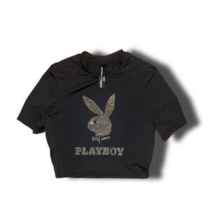 Misguided x Playboy Black Rhinestone Logo Tee